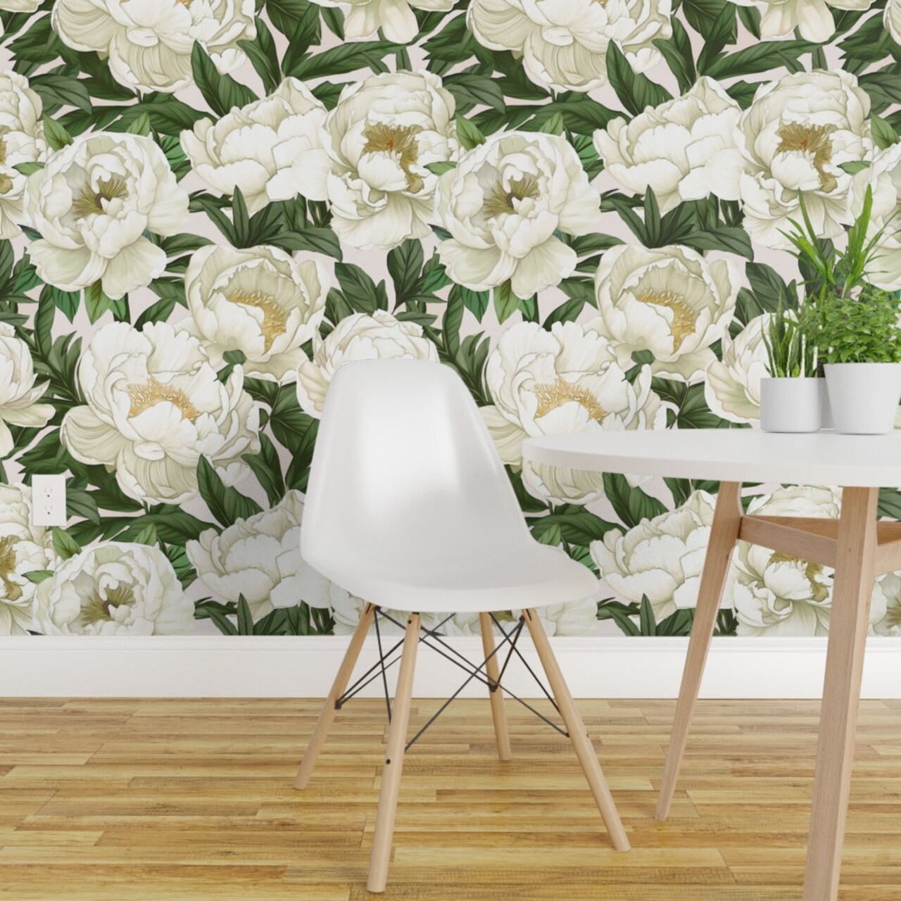 Pre-Pasted Wallpaper 2FT Wide White Green Floral Plants Large Scale Garden Botanical Peonies Blooms Spring Summer Custom Pre-pasted Wallpaper by Spoonflower